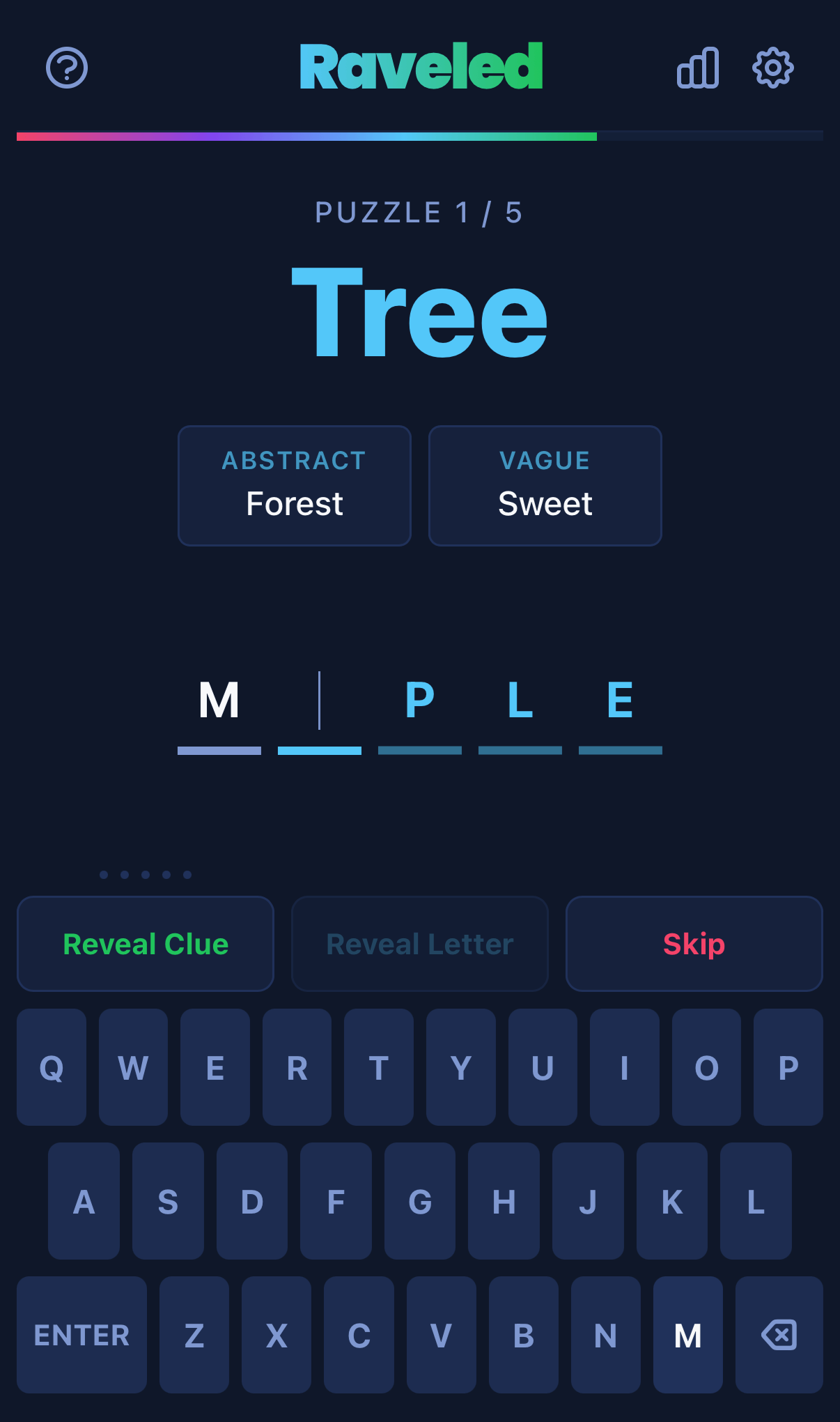 Raveled gameplay screenshot showing the main puzzle interface.