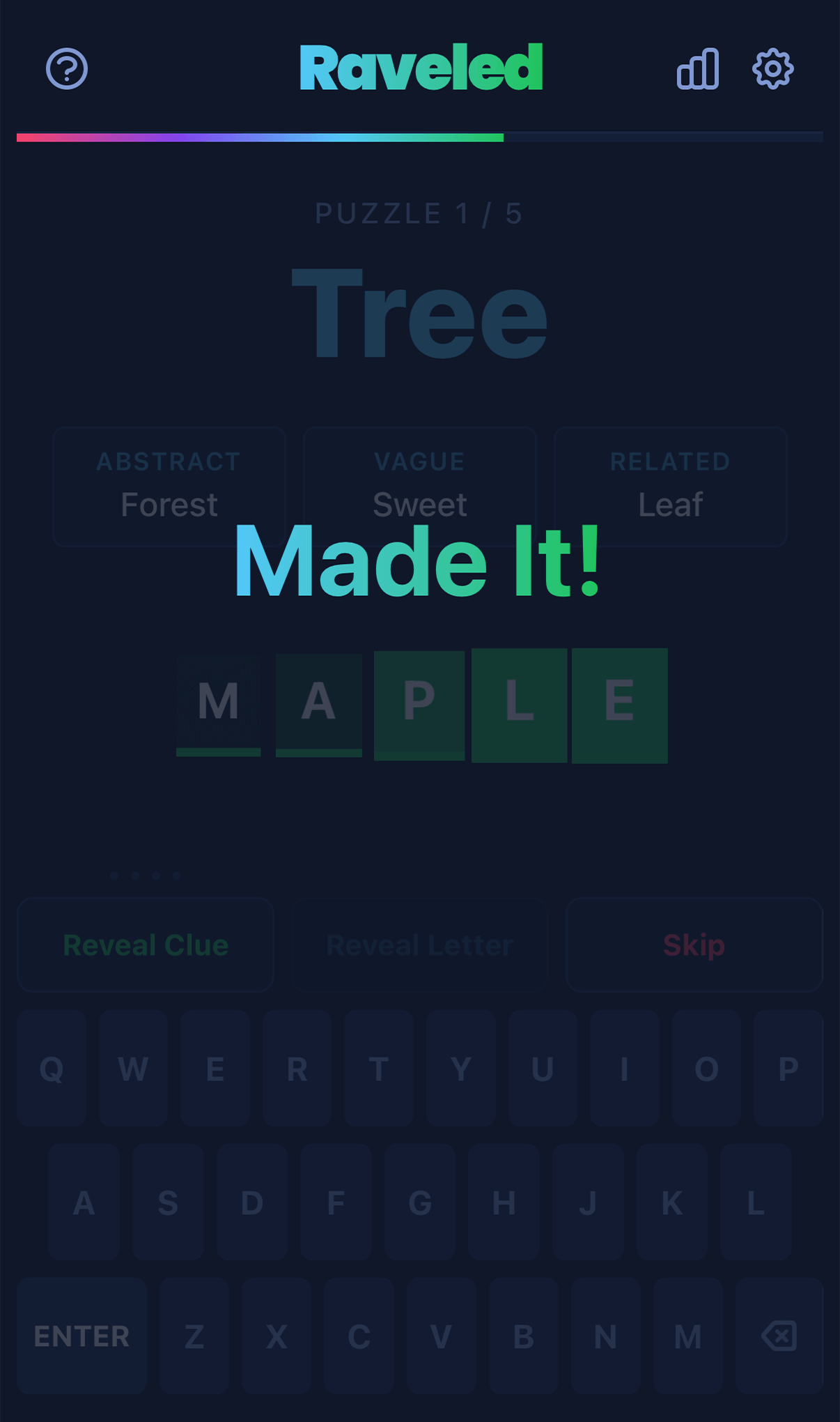 Raveled gameplay screenshot showing the clue reveal system.